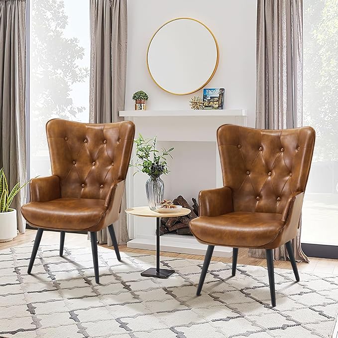 Furnimart Accent Chairs Set of 2, Brown PU Leather Reading Armchair with High Backrest, Wingback Corner Chair Mid Century Modern for Living Room, Bedroom, Waiting Room