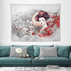 Japanese Geisha Tapestry Asian Red Cherry Blossom Traditional Kimono Folk Tapestries Home Decor for Living Room Bedroom Apartment Farmhouse Dorm 80"x60"