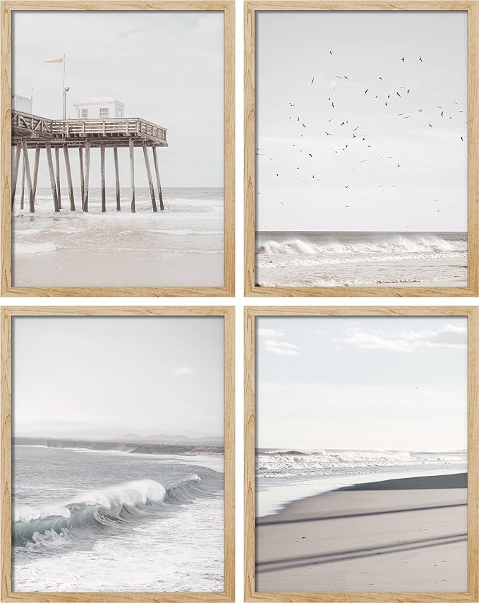 SIGNWIN Framed White Minimalist California Ocean Beach Seashore Pier Wall Art, Set of 4 Landscape Colorful Wall Decor Prints, Nature Wilderness Wall Décor for Living Room, Bedroom - 8"x10" Natural
