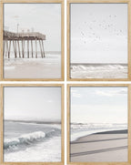 SIGNWIN Framed White Minimalist California Ocean Beach Seashore Pier Wall Art, Set of 4 Landscape Colorful Wall Decor Prints, Nature Wilderness Wall Décor for Living Room, Bedroom - 11"x14" Natural