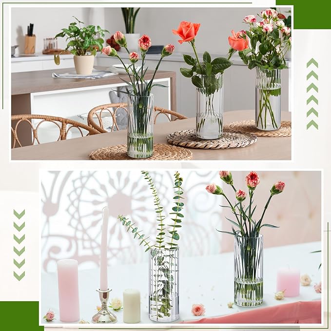 6 Pcs 8 Inch Tall Glass Ribbed Cylinder Vases Clear Floating Candle Flower Vase in Bulk, Hurricane Candle Holder for Wedding Housewarming Gift Table Centerpieces