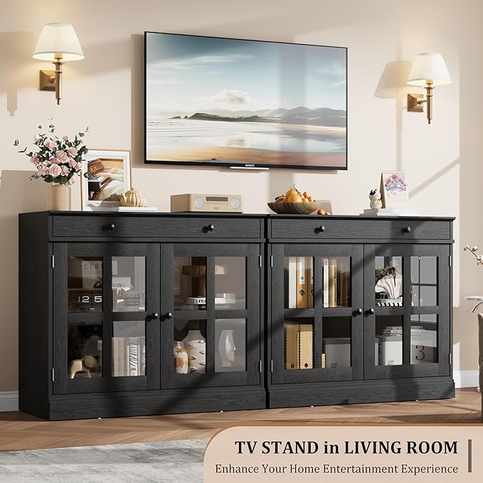 GarveeHome 35.4 in Sideboard Buffet Cabinets with Glass Door, Buffet Cabinet with Storage, Black Sideboard Cabinet with Drawer, Modern Buffets & Sideboards for Dining Room, Kitchen