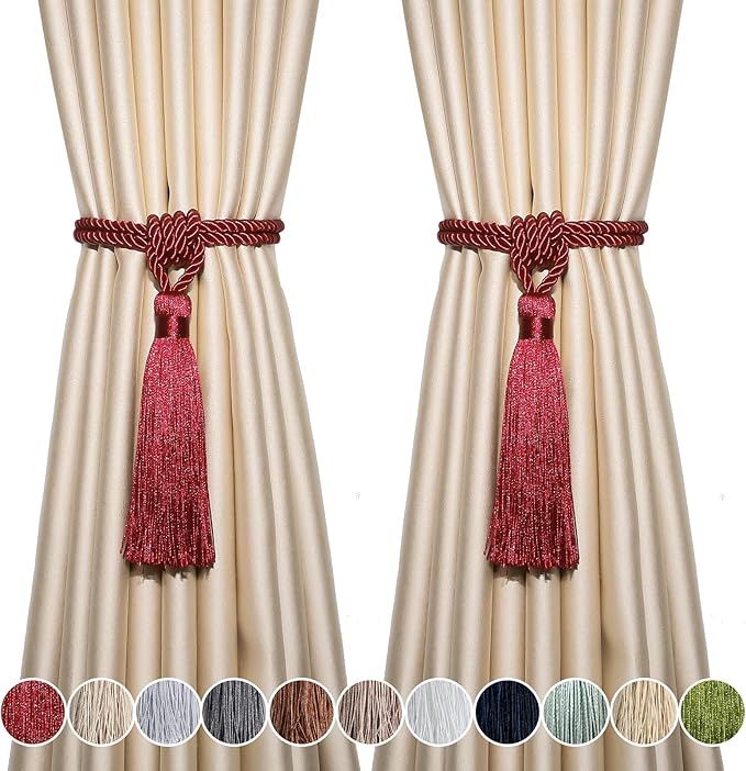 Fenghuangwu Curtain Tiebacks Tassel Tie-Backs, Rope Curtain tie Backs Handmade Curtain Holdbacks Made from Polyester (red, 2p)