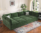 136.4" Oversized Modular Sectional Sleeper Sofa Bed, U Shaped Convertible Couch with Movable Ottoman, Large 8 Seat Corner Couches for Living Room Deep Seat Green Chenille