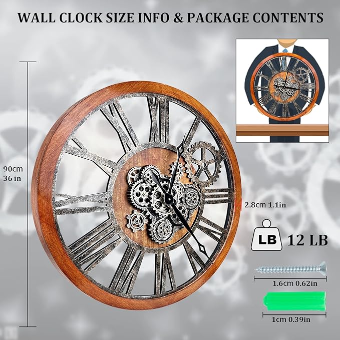 Large Wall Clock, Clocks for Living Room Decor Oversized 30 Inch Wall Decor Farmhouse Vintage Rustic Industrial Roman Big Chic Home Decor Wall Clock for House Bedroom Office, Moving Gears Clock