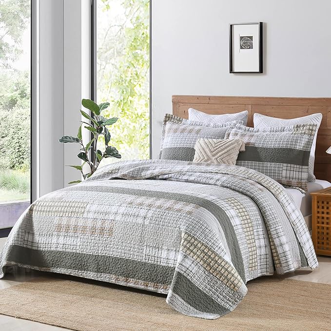 Y-PLWOMEN Quilts Queen Size - 100% Cotton Greyish Green Queen Quilt Farmhouse Plaid Quilted Bedspread, 3 Pieces Lightweight Reversible Queen Size Quilt Bedding Set for All Season