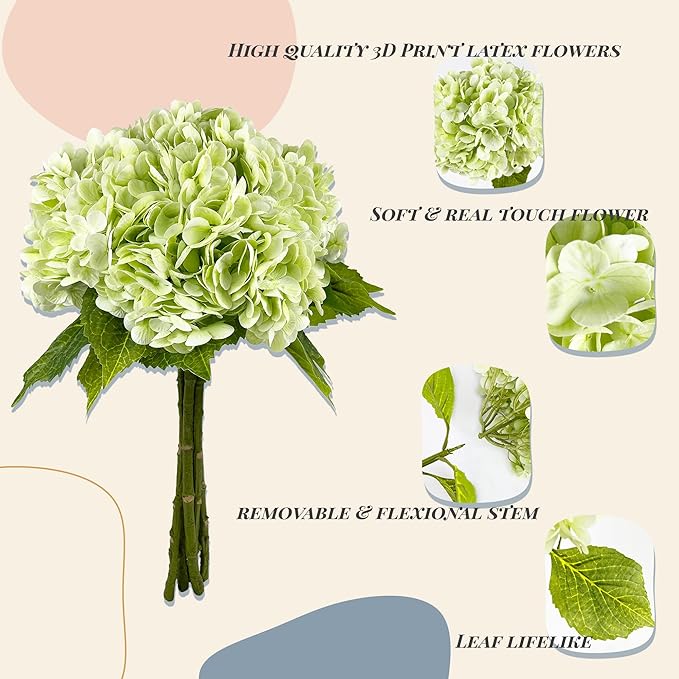 21In Light Green Artificial Hydrangea Flowers 5 Pcs Real Touch 3D Print Latex Flowers for Wedding Centerpieces Bouquets DIY Floral Decor Home Decoration with Stems