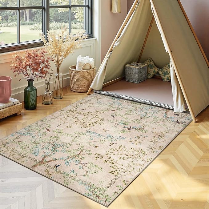 jinchan Botanical Birds 3x5 Beige Area Rugs for Entryway Washable Non Slip Soft Nature Plants Modern Kids Room Carpet Vintage Ultra Thin Low Pile Rug for Living Room Kitchen Bathroom Front Door