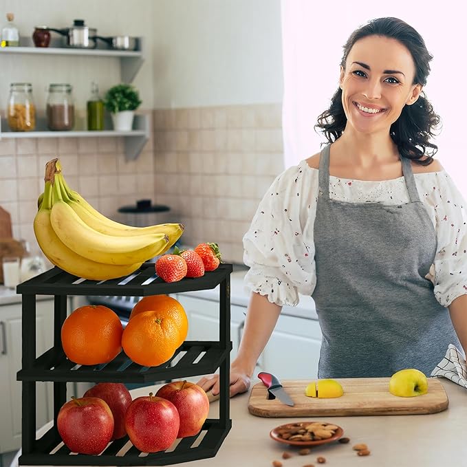 Cabinet Organizer Shelf - Bamboo Corner Rack for Kitchen Counter, Cabinet Space Saver for Plates, Dishes, Bowls, Bread Pantry, Bathroom Storage or Countertop Stand, Black