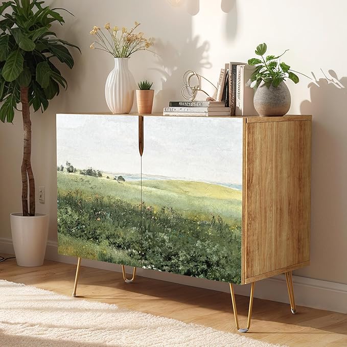 SIGNWIN Sideboard Buffet Cabinet, Kitchen Storage Cabinet with 2 Doors, Rustic Countryside Green Hill, Cupboard Console Table for Dining Room - 35" L x 18" W x 29" H