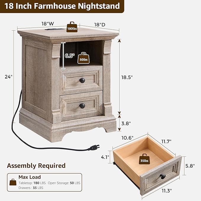 Farmhouse Nightstand with Charging Station, 18" End Table with 2 Drawers Storage and 1 Storage Shelf, Wooden Side Table w/Roman Column, Bedside Cabinet for Bedroom, Living Room, Light Rustic Oak