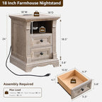 Farmhouse Nightstand with Charging Station, 18" End Table with 2 Drawers Storage and 1 Storage Shelf, Wooden Side Table w/Roman Column, Bedside Cabinet for Bedroom, Living Room, Light Rustic Oak