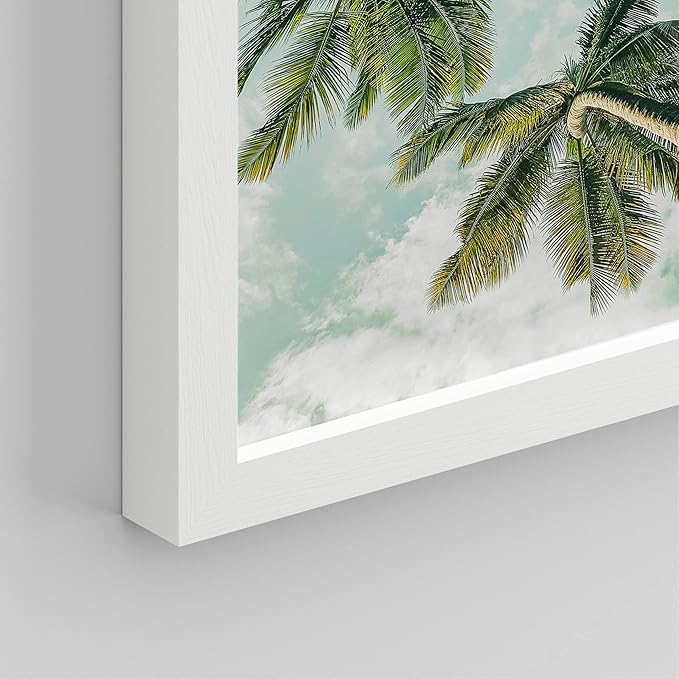 SIGNWIN Framed White Topical Teal Sky Palm Tree Beach Ocean Seaside Wall Art, Set of 4 Landscape Colorful Wall Decor Prints, Nature Wilderness Wall Décor for Living Room, Bedroom - 12"x16" White