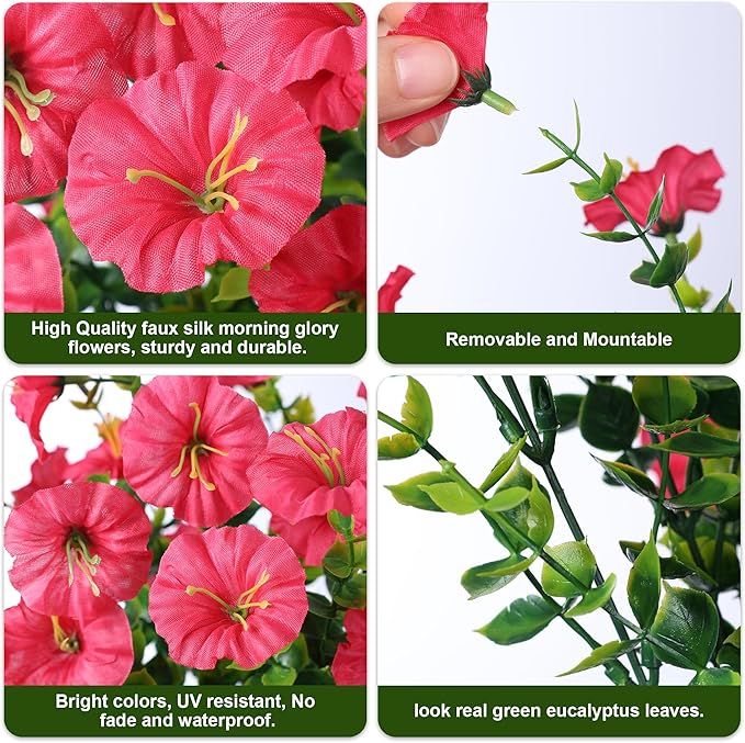 HyeFlora Artificial Flowers for Outdoors Fake Plants Outside Decoration, 12 Bundles Silk Hot Pink Morning Glory UV Resistant Look Real Faux Flowers for Planter Front Door Porch Patio Yard Gardens Home