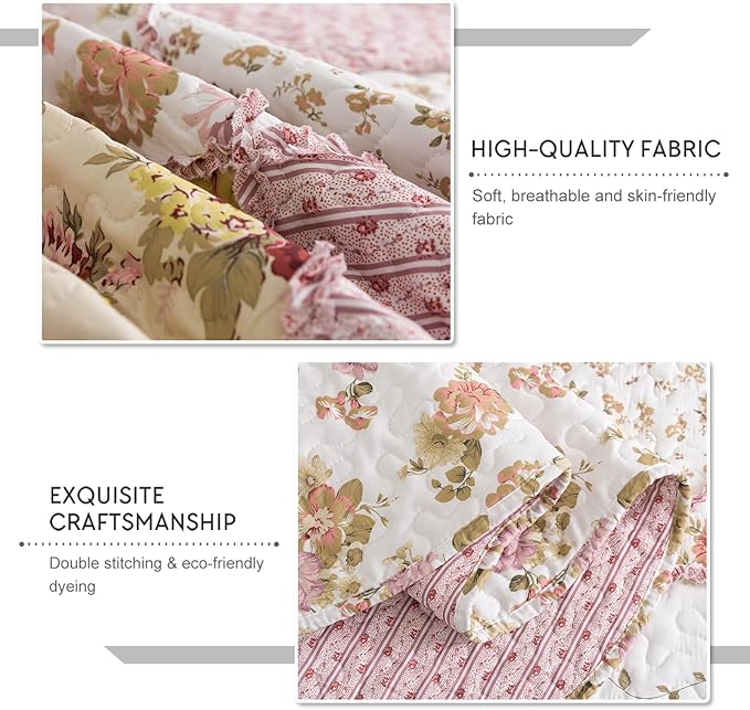 Travan 3-Piece Quilt Set Quilted Bedspread Lightweight Coverlet Set Garden Style Floral Printed Oversized Quilted Bedding Set with Shams for All Season, Exquisite, King Size
