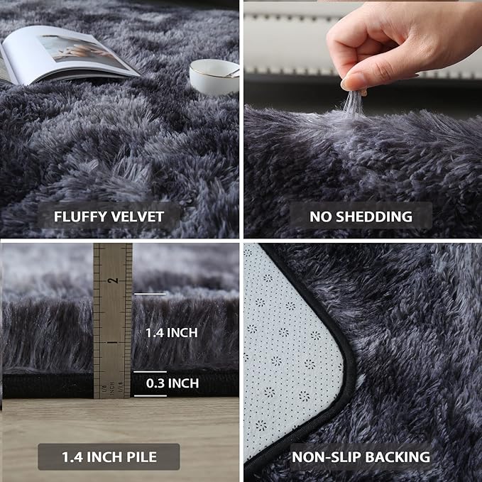 CAIYUECS Shag Area Rug,Indoor Ultra Soft Plush Rugs for Bedroom Living Room, Non-Skid Modern Nursery Faux Fur Rugs for Kids Room Home Decor (Tie-Dyed Dark Gray, 6x9 Feet)
