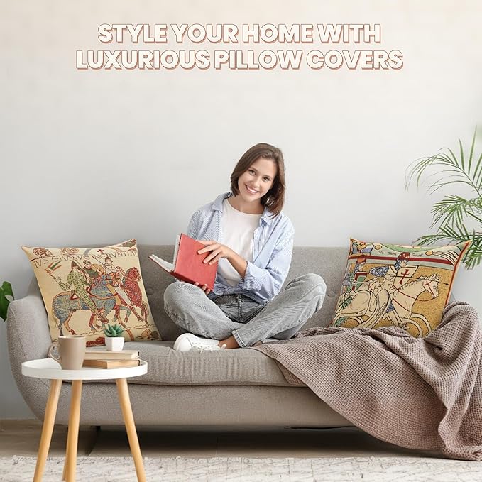 Charlotte Home Furnishings Bayeux Mare Throw Pillow Cover 16" x 16" – Medieval Ship Decorative Tapestry Cushion Case for Sofa, Couch, & Bed | Cotton Jacquard Woven in Europe | Insert Not Included