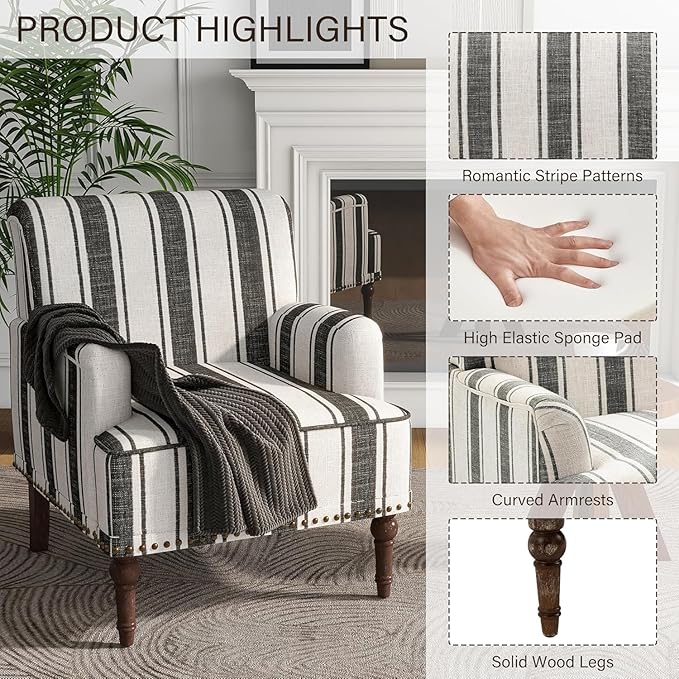 UIXE Stripe Accent Chair, Modern Upholstered Armchair in Fabric for Living Room, Nailhead Trim Club Arm Chair Comfy Single Sofa Bedroom Reading Seat with Wood Legs - Black