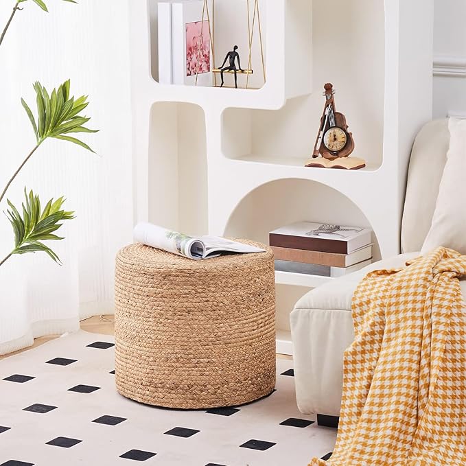 Wimarsbon 18'' Pouf Ottoman, Natural Braided Poof, Round Poufs, Rustic Handweave Lounge Pouffe, Boho Footrest Stool for Bedroom, Accent Table or Seat for Patio, Living Room