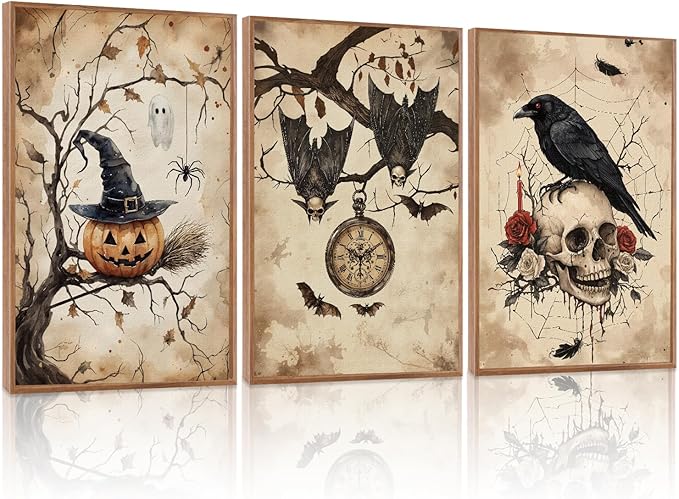 HLNIUC Vintage Halloween Decor Framed Gothic Skull Wall Art Set of 3(16”x24”) Floral Raven Crow Wall Decor,Horror Pumpkin Dark Academia Canvas Painting bats prints for Living Room Bedroom Goth Party