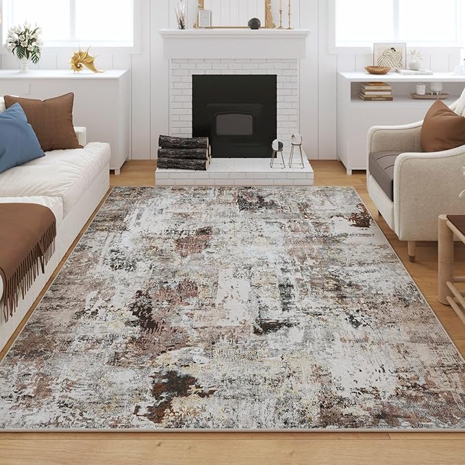 Rugcomf Modern Abstract Washable Rugs 8'x10' - Non-Slip Low Pile Area Rug, Large Boho Carpet for Living Room, Bedroom, Dining Room, Farmhouse, Kids Playroom, Office - Brown