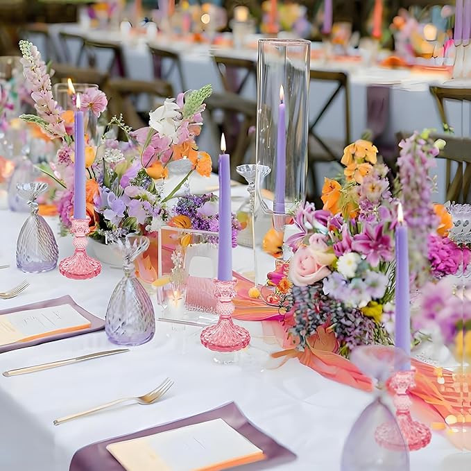 Glass Candlestick Holder,Striped Taper Candle Holders,Set of 6 Candle Stand for Table Centerpieces, Home Decor,Weddings,Festival and Parties (Peach Red Dimond)