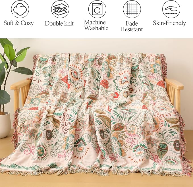 Snycler Cotton Bed Throw with Tassels, Double-Sided Bohemian Spring Flowers Plants Throws for Sofas, 60x80 inch Woven Warm Blanket for Single Sofa, Bedspread and Settee Couch Travel Green