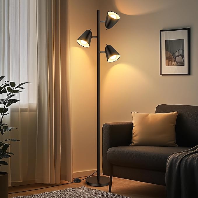 QiMH Tree Floor Lamp with 3 Light Bulbs, Standing Tall Pole Lamps for Living Room Bedroom Office, Reading Stand up Lamps with 3 Adjustable Arms, Black