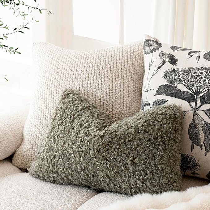 Foindtower Set of 2 Curly Teddy Wool Pillow Covers Decorative Boucle Textured Lumbar Throw Pillow Faux Fur Pillowcases Sheepskin Cushion Case for Sofa Bedroom Car 12"x20" Sage Green