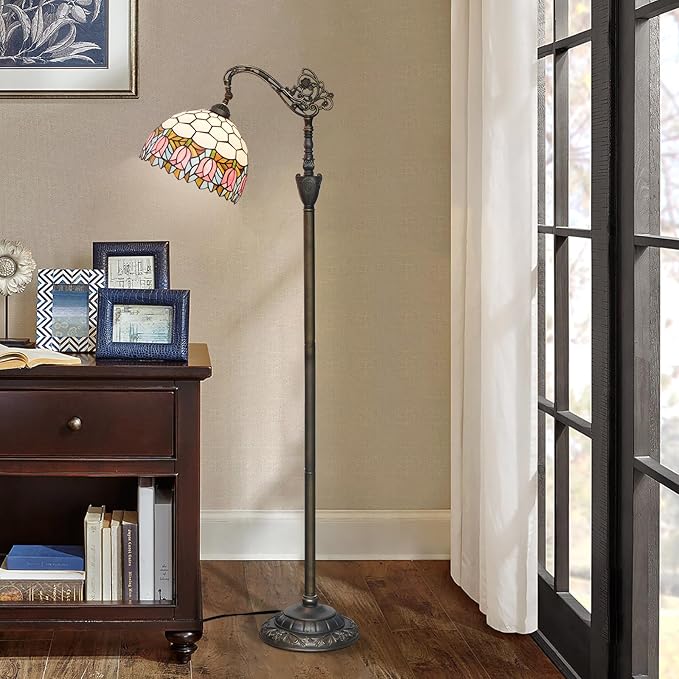Tiffany Floor Lamp Pink Tulip Stained Glass Gooseneck Floor Light 63 inches Handcrafted Tiffany Style Standing Lamp with Angle Adjustable Lampshade for Reading Working Home Decoration