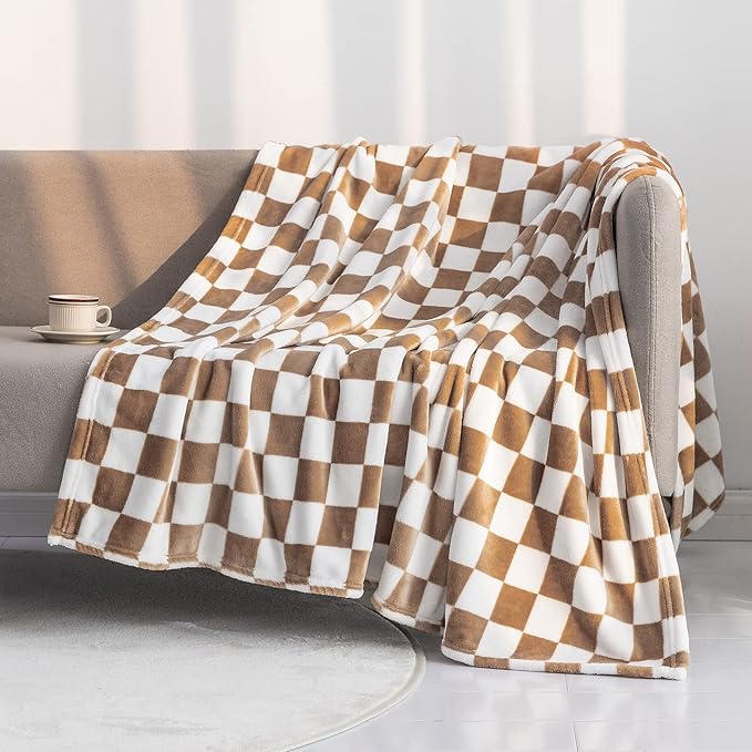 LOMAO Throw Blankets Flannel Blanket with Checkerboard Grid Pattern Soft Throw Blanket for Couch, Bed, Sofa Luxurious Warm and Cozy for All Seasons (Khaki, 90"x110")