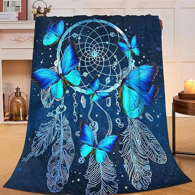 Blue Butterfly Blanket for Womens Girls Dream Catcher Throw Blanket Gifts for Kids Boys Soft Warm Cozy Flannel Blanket for Couch Sofa Bed 50"x60"