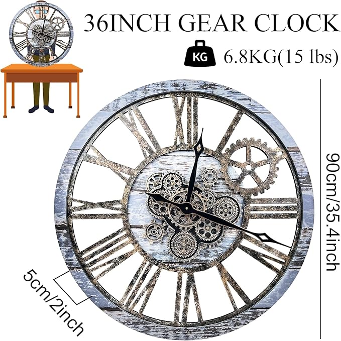 The B-Style Large Wall Clock 24 inch Moving Gear Wall Clock Oversized Vintage Farmhouse Wall Clocks for Living Room Decor Rustic Industrial Wood Clock (Aqua Green, 36 inch/90cm)