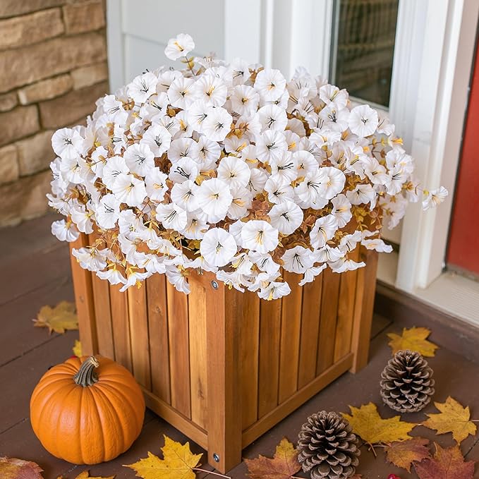 Fake Mums Artificial Fall Flowers Fake Plants for Outdoors Autumn Decor, 12 Bundles White Silk Morning Glory with Eucalyptus Look Real UV Resistant Faux Flowers for Outside Planters Front Door Yard