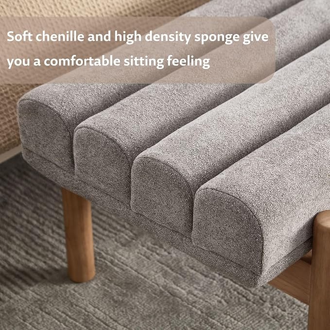 Upholstered Bench Grey Modern End of Bed Bench Chenille Fabric Bedroom Bench for Entryway Living Room Vanity Makeup Room, 47" Long, Wooden Legs