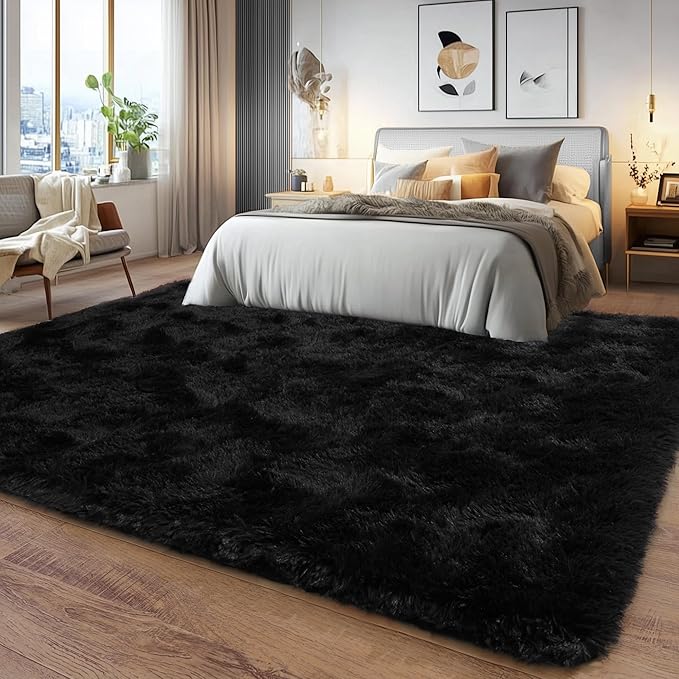 9x12 Large Area Rugs for Living Room, Ultra Fluffy Plush Rug for Living Room Bedroom, Thick Fluffy Carpet for Girls Boys Kids Room, Non Slip Dorm Rug for Home Decor Aesthetic,Black