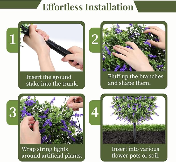 Lewondr Artificial Lavender Boxwood Topiary Ball with LED Lights, 23.6'' Artificial Shrub Bushes with Ground Spike, UV Resistant Faux Greenery Shrubs, Fake Plants for Indoor Outdoor Garden Patio Decor