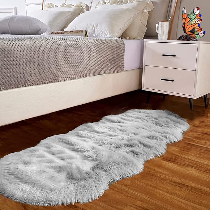 Goolela Super Soft Faux Sheepskin Grey 2x6 Runner Rug, Plush Fur Throw for Bedroom, Dorm, Office