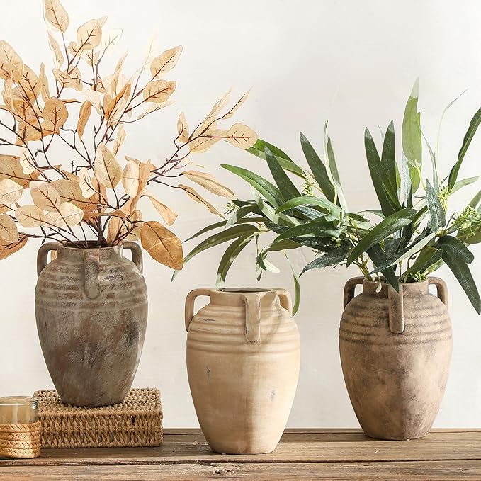 Ceramic Flower Vase Home Decor - 8.7" Farmhouse Flower Vases Rustic Vintage Aesthetic Modern for Table Living Room Kitchen Bedroom Decoration House Desk Decorative Accessories Gift (Retro)