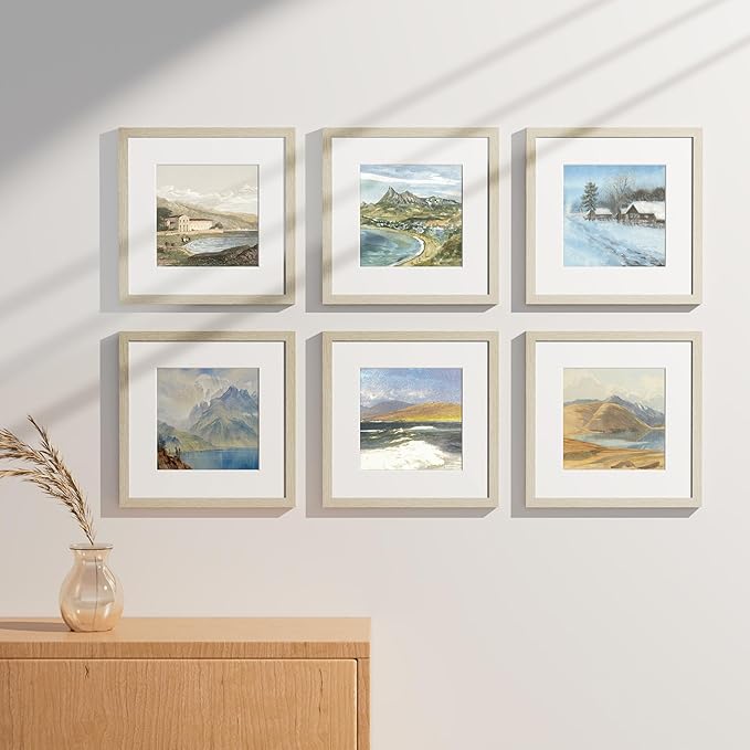 Vittanly 12x12 Picture Frames Set of 9, Shatter Resistant Plexiglass, Display 8x8 Pictures with Mat or 12x12 without Mat, Photo Frames for Wall Mount, Engineered Wood, Cornsilk