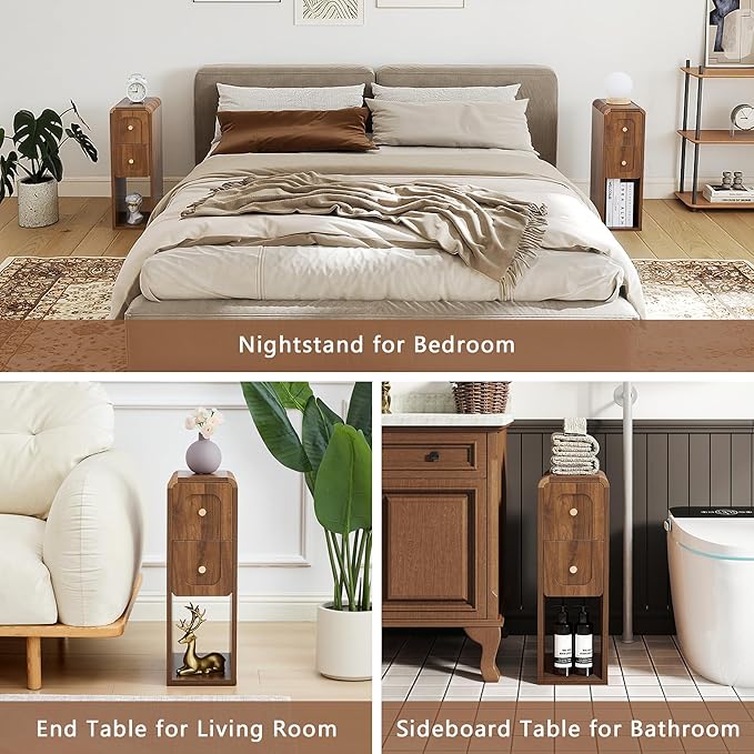 Small Nightstand Set of 2, Wooden Narrow Nightstands with 2 Drawers, Vintage Side End Table for Small Spaces, Skinny Night Stand, Bedside Table for Bedroom, Living Room (Walnut-2PCS)