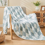EMME Checkered Throw Blanket Cotton for Couch Soft Muslin Bamboo Blankets 50"x60" Lightweight Breathable Soft Blanket All Season Gauze, Teal