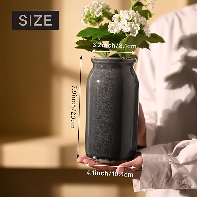 VICTOR & TERESA Rustic Blue and Grey Vase for Home Decor, Ceramic Vases for Flowers, Modern Farmhouse Decorative Vases for Pampas Grass,Table Accent, Mantel, Living Room,Bookshelf, Centerpieces, 8''