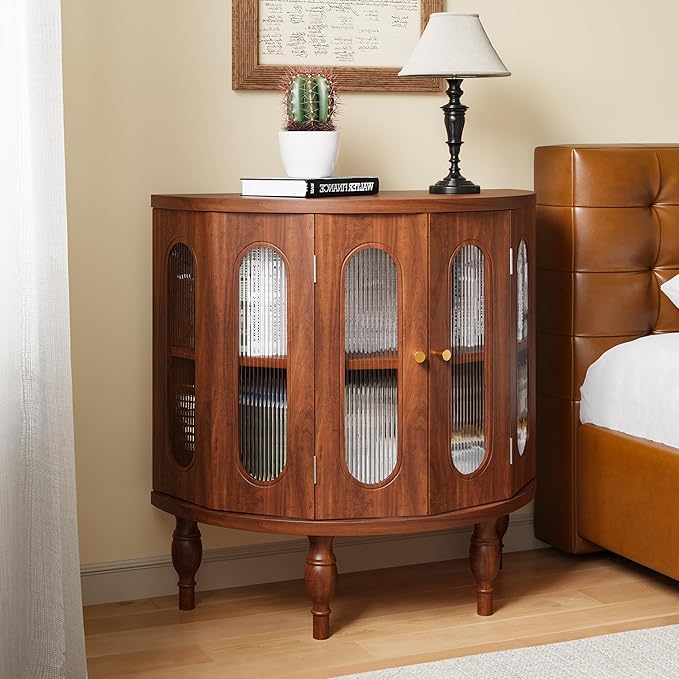 31'' Sideboard Buffer Cabinet with Storage, Semi-Circle Modern Accent Storage Cabinet with Wooden Finish & Acrylic Doors, Console Table for Living Room Entryway Hallway (Walnut)