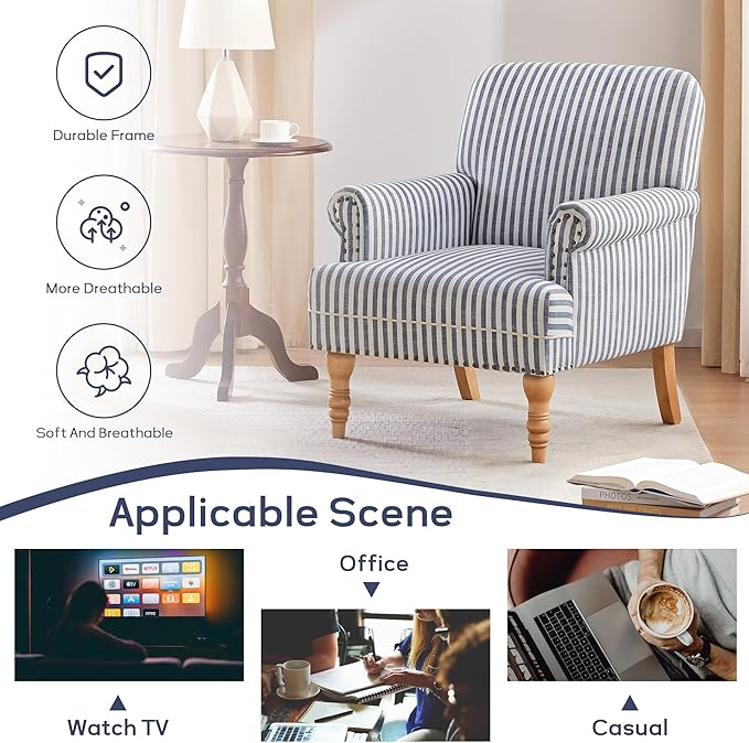 HUIMO Linen Fabric Accent Chairs Set of 2, Mid-Century Modern Armchair with Solid Wood Legs, Single Sofa Chair,Upholstered Reading Club Chair (2, Dark Blue and White Stripe)