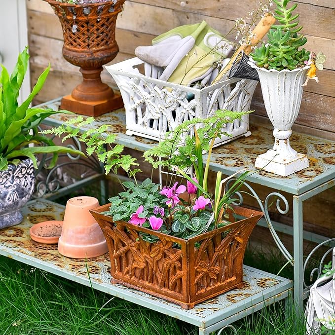 Sungmor Heavy Duty Cast Iron Planter Basket w/Non-Woven Growing Bag, Unique Shape & Beautiful Pattern Design, Hollow Orchid Flower Pot Garden Tools Holder, Full Rusted French Country Decor Container