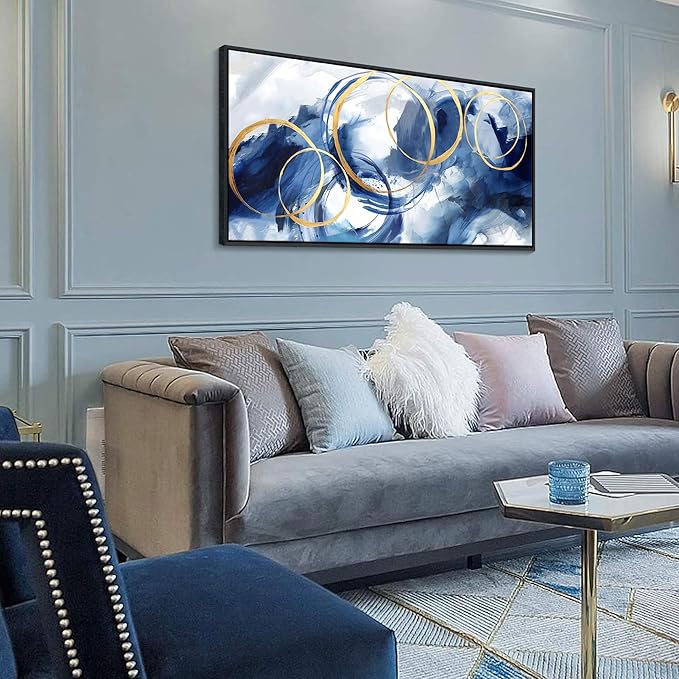 AJAZIKO Blue Abstract Wall Art Modern Navy Blue and Gold Pictures for Living Room Paintings Office Artwork Wall Decor Framed Canvas Wall Art Bedroom Wall Decor Above Bed 20×40IN