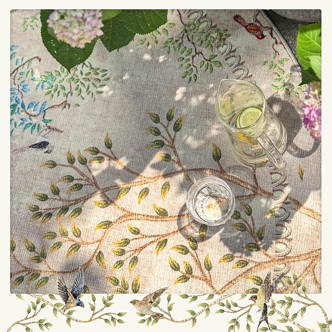 jinchan Round Rugs 5ft Beige Botanical Birds Print Machine Washable 5' Circle Nature Plants Modern Soft Non Slip Throw Area Rugs Ultra Thin Low Pile Carpet for Bedroom Kitchen Living Room