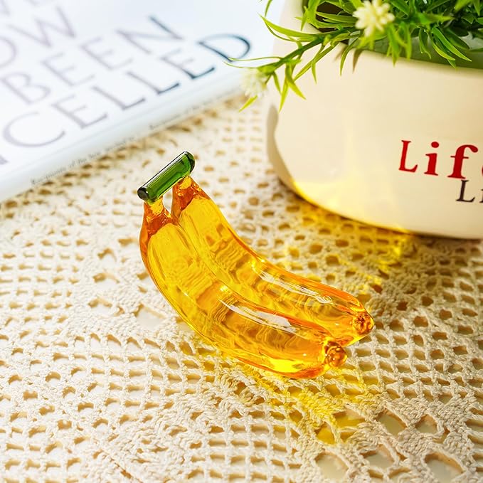 Handmade Glass Fruit Decor Crystal Banana Figurine Yellow Fruits Decoration for Home Kitchen Glass Banana Ornament Fall Harvest Thanksginging Centerpiece Decor for Home Office Desk