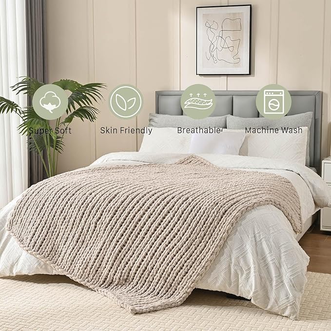 Esterra Chunky Knit Blanket Throw 40"x50", 100% Hand Knitted Chenille Throw Blanket, Cozy Soft Thick Cable Knit Throw Large Rope Knot Crochet Throw Blanket for Sofa Couch Bed, Linen Beige